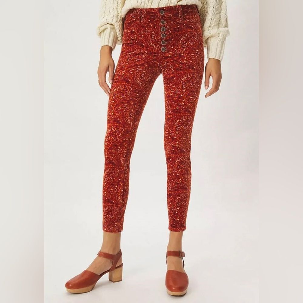 Anthropologie Pilcro Red Paisley High Rise Button-Fly Skinny Corduroy Pants 27